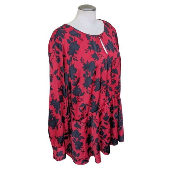Lane Bryant Blouse Womens Size 26 Red Black Floral Peplum Long Sleeve Keyhole - Picture 4 of 8